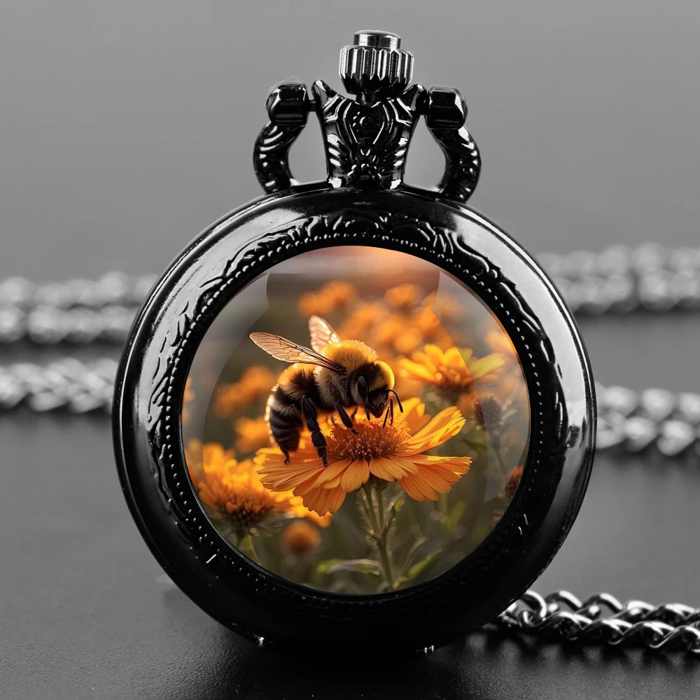 Bee Glass Dome reloj de bolsillo de cuarzo con cadena duradera, esfera de números árabes, regalos excepcionales para hombres y niños