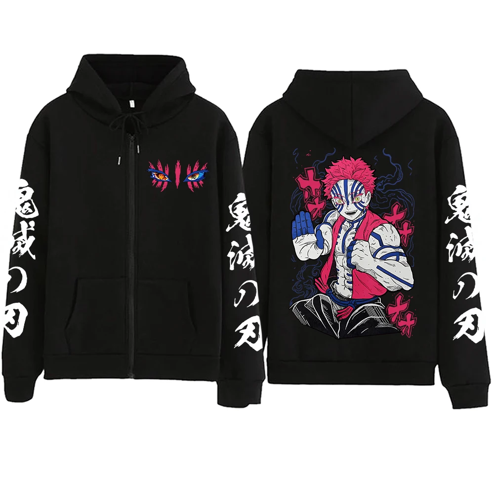 Hoodie Zipper Anime Demon Slayer Infinity Castle Akaza, Hoodie Oversize Harajuku Manga, Hoodie Zip Up Y2k