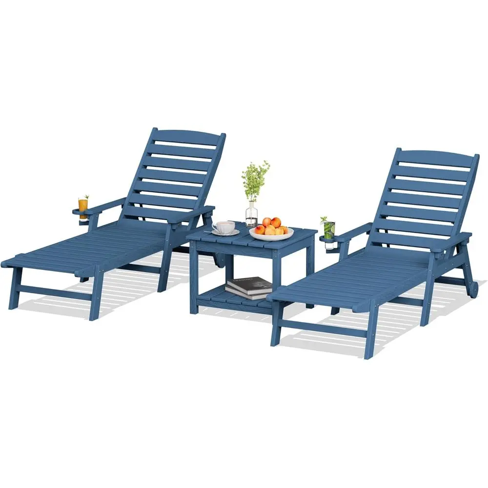 

Синий устойчивый к атмосферным воздействиям на открытом воздухе шезлонг из ПНД с приставным столиком для 3, подходит для бассейна или террасы