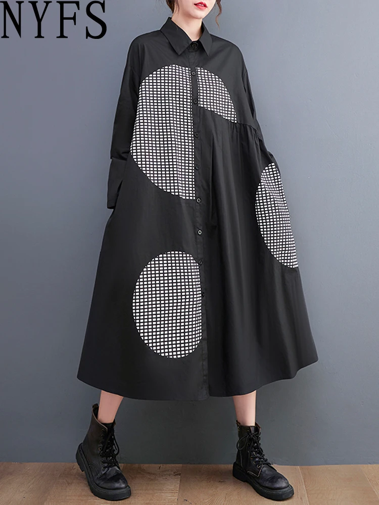 NYFS 루즈 플러스 사이즈 프린트 롱 드레스 봄 가을 2026 빈티지 긴 소매 여성 로브 셔츠 드레스
