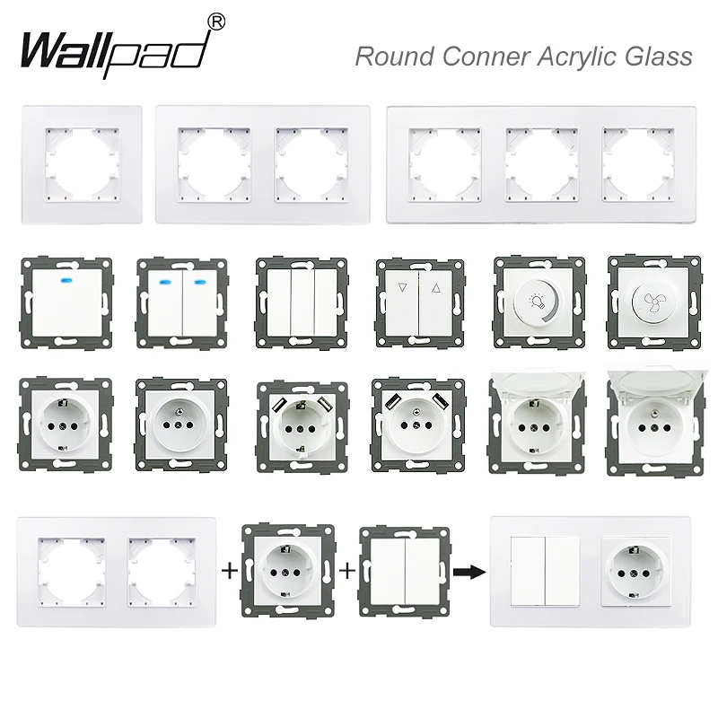 DIY Wallpad White Acrylic Glass Panel EU French Light Wall Switch with LED Dimmer Fan Euro Usb Type A C Wall Socket Interruptor