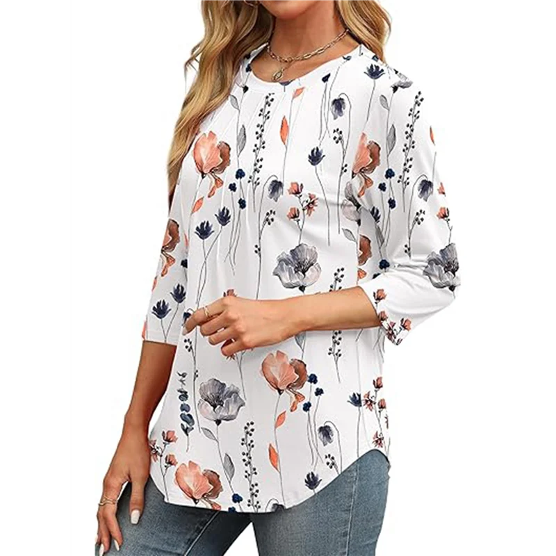 

Женские топы с рукавами 3/4 и круглым вырезом, повседневные топы-туники, базовые плиссированные рубашки, свободный крой, 2025 г.