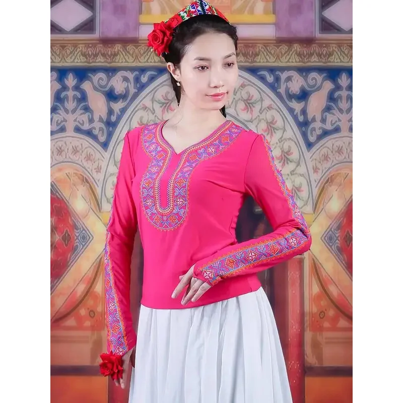 شينجيانغ أعلى العرقية المميزة المطرزة نمط الإناث الأويغور الفن امتحان ممارسة ارتداء قميص زي ساحة الرقص