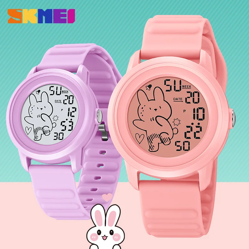 SKMEI Cute Cartoon Rabbit Pattern Countdown Sport Digital Watches For Children Boys Girls Back Light Kids Wristwatch Alarm Clock