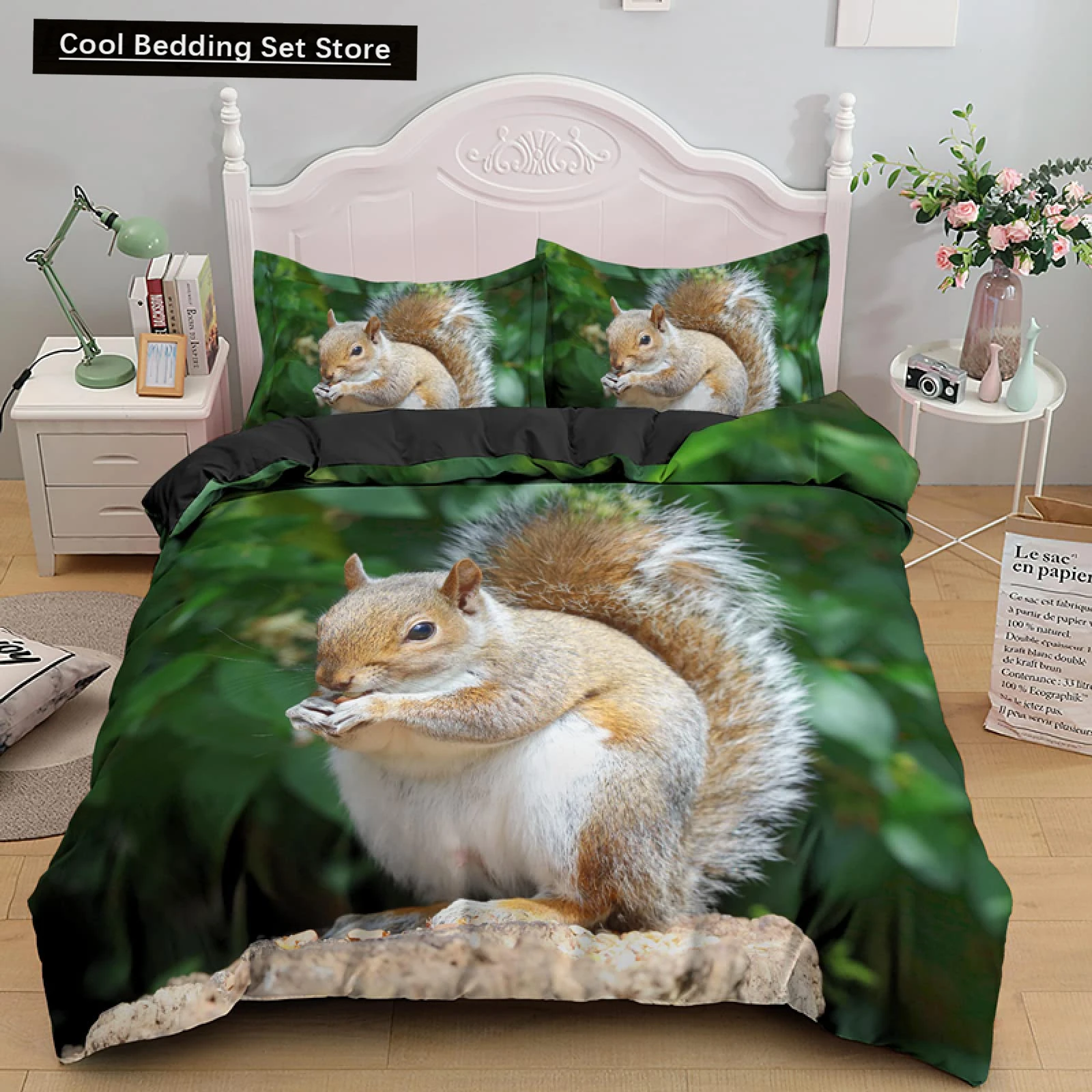 

3D Squirrel King Queen Duvet Cover Lovely Animal Bedding Set for Kids Teens Adults Wildlife Green Leaves Soft 2/3pcs Quilt Cover