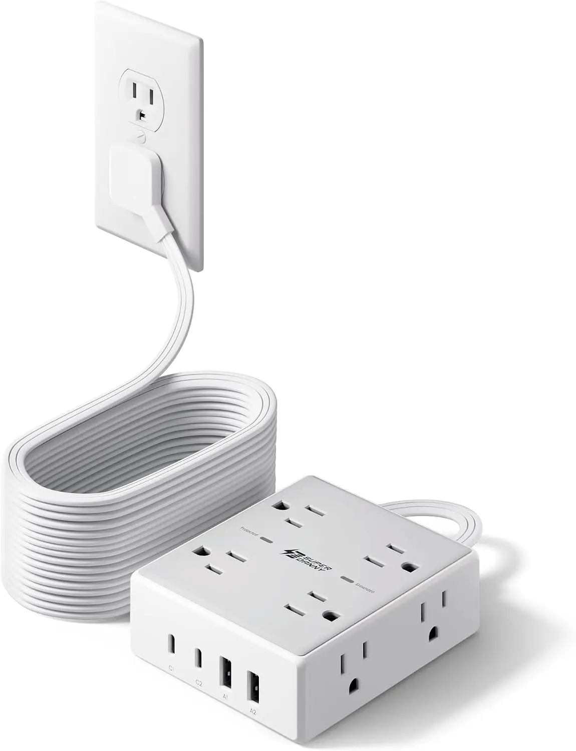 

25ft Extension Cord, Flat Plug Power Strip with 8 Outlets & 4 USB Ports, Wall Mountable Surge Protector for Home Office