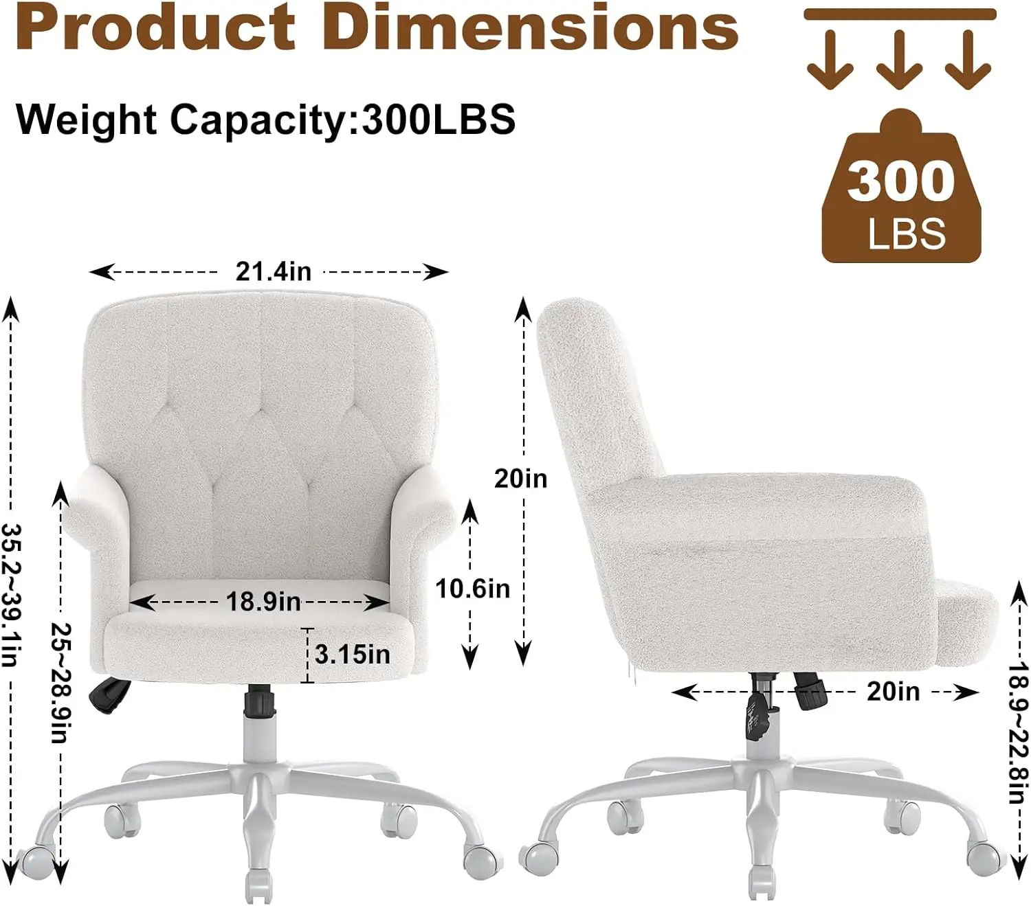 كرسي مكتب منجد مريح بعجلات، مقعد كمبيوتر دوار قابل للتعديل، أبيض - كرسي مكتب منزلي لغرفة المعيشة وغرفة النوم، مقاس M
