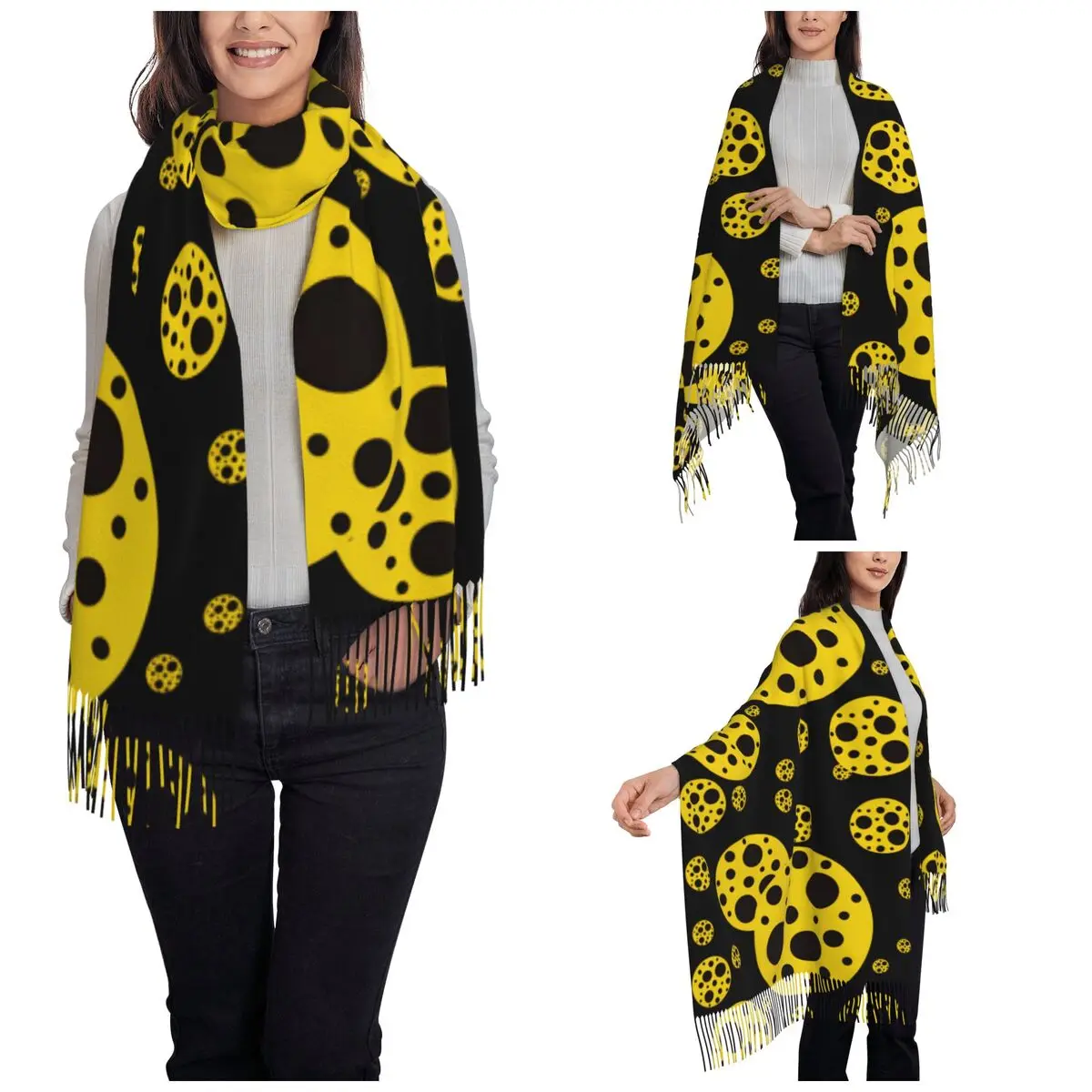 Yellow Black Polka Dot Scarf for Women Fall Winter Pashmina Shawl Wrap Yayoi Kusama Single-sided Pattern Shawl Scarf for Ladies