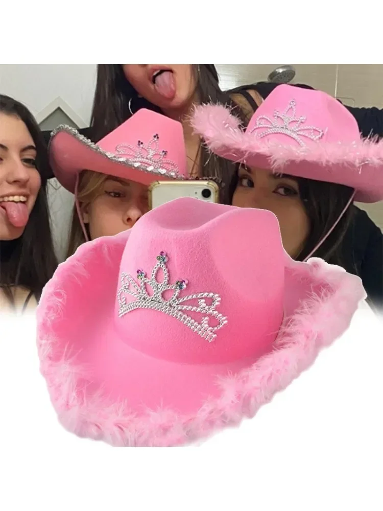 Western Cowboy Caps Roze Cowgirl Hoed voor Vrouwen Meisje Tiara Cowgirl Hoed Vakantie Kostuum Feesthoed Feather Edge Fedora Cap - afbeelding 2