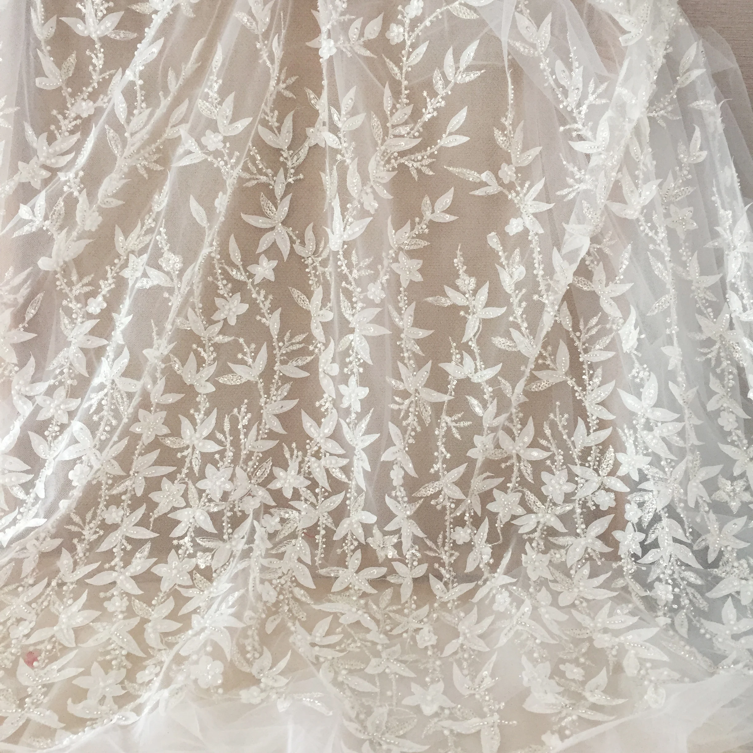 

3D Floral Bamboo Leaf Nail Bead Lace Fabric, Wedding Dress, DIY Mesh, Sewing Dress, RS4095