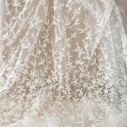 3D Floral Bamboo Leaf Nail Bead Lace Fabric, Wedding Dress, DIY Mesh, Sewing Dress, RS4095