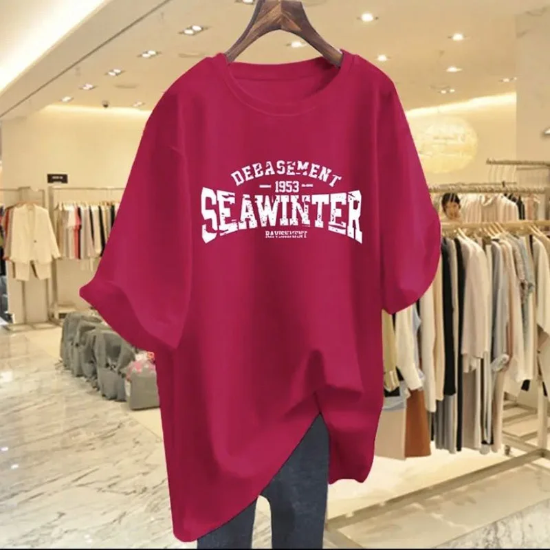 Women Clothing Cotton O-neck Short Sleeve Basic T-shirt Summer Fashion Casual Letter Printing Top Tee Chic Oversized Pullover