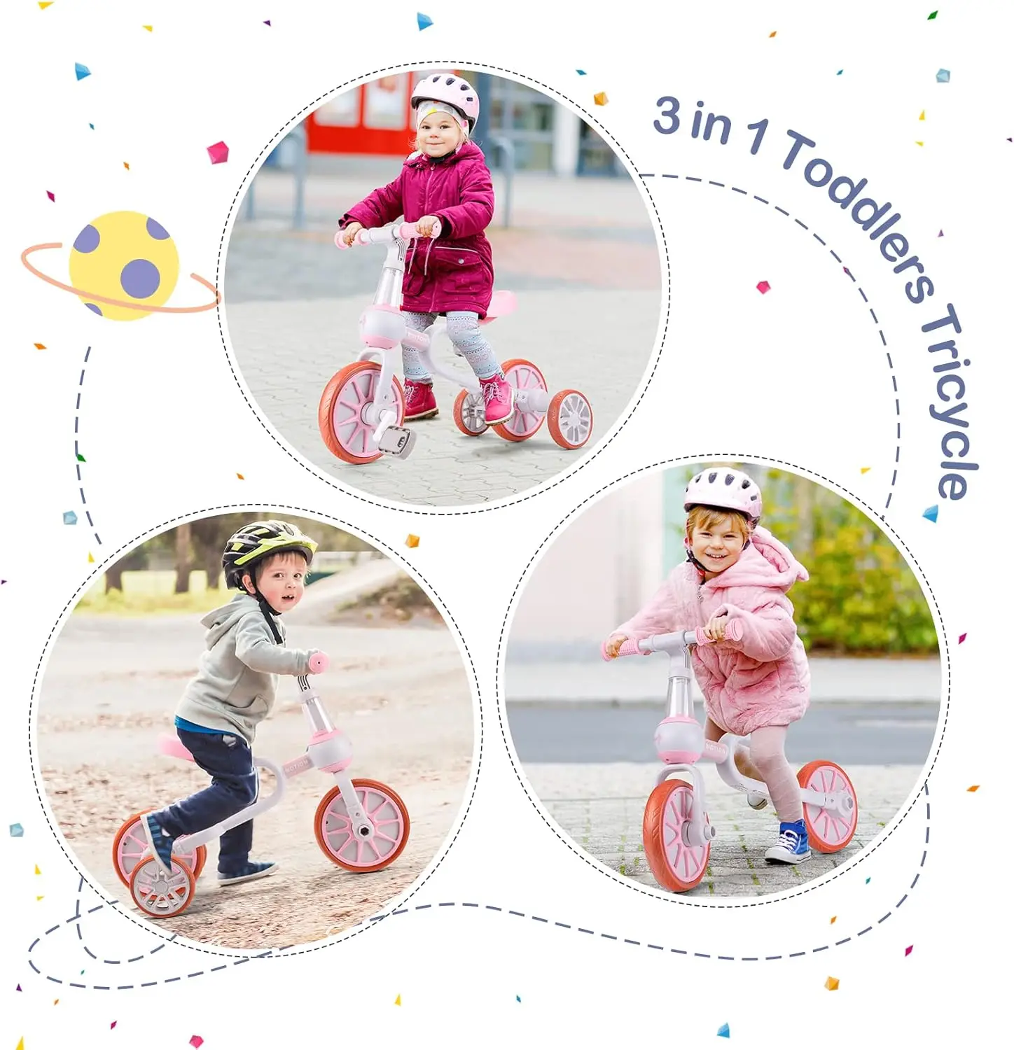 3 in 1 Toddler Bike for 2-4 Year Old Girl Boy, Kids Tricycle with Adjustable Seat, Detachable Pedal and Training Wheels, Baby Ba