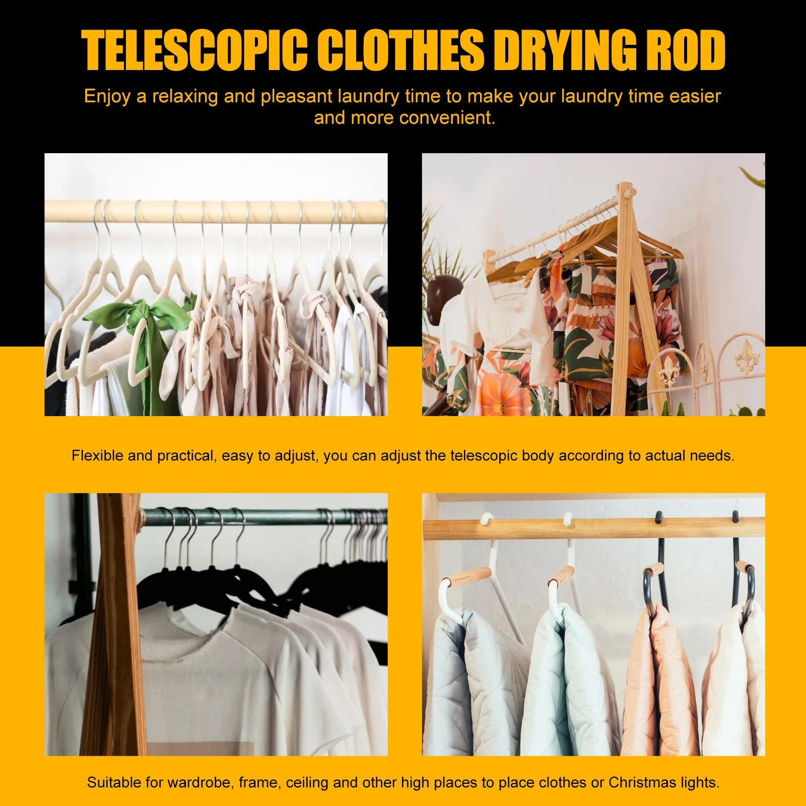 Retractable Clothes Drying Pole Adjustable Aluminium Alloy Clothing Design Golden Pattern Home Clothesline Wardrobe