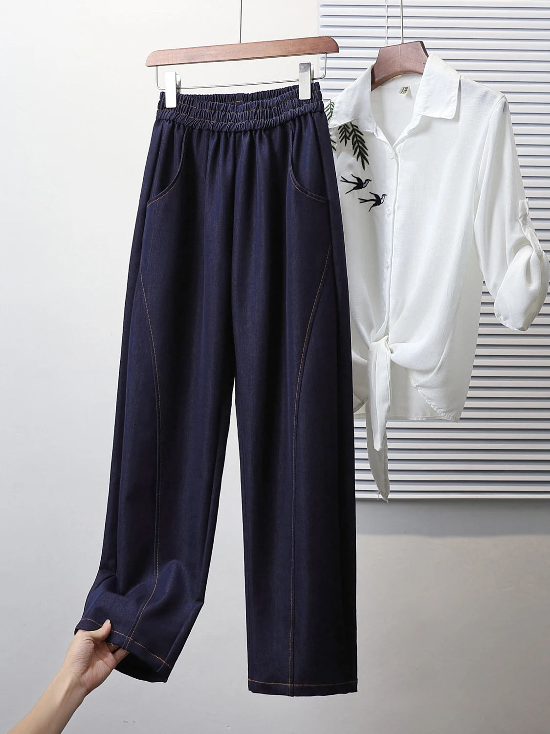 

Синие джинсы-бананы с высокой талией, эластичные, широкие, повседневные, свободного кроя, весна-осень, женские модные брюки