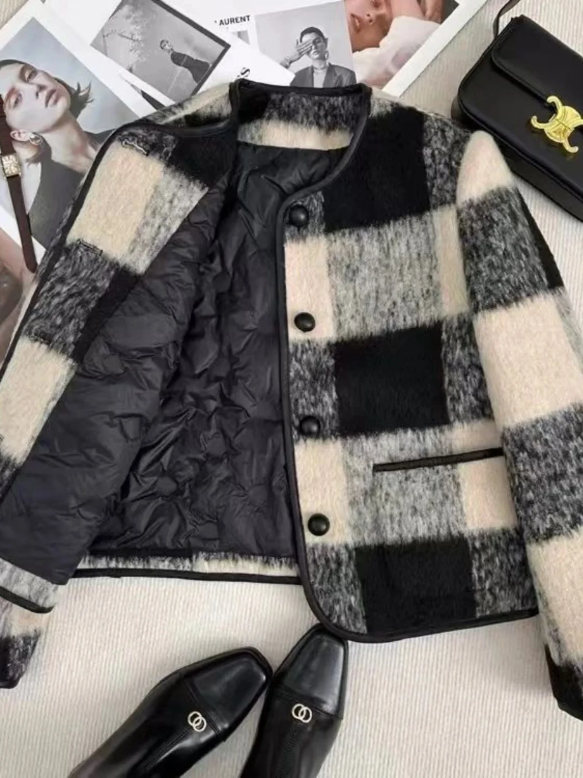 Fashionable Short Tweed Style Women's Jacket Autumn Winter Thickened Plaid Splicing Woolen Inner Women's Stylish Top