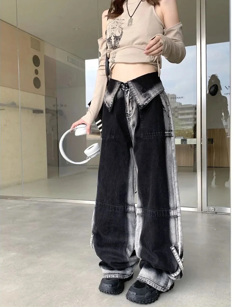 American Retro Gradient Jeans Female Spring Autumn New Niche High Waist Flanging Design Drape Loose Straight Wide-Leg Pants