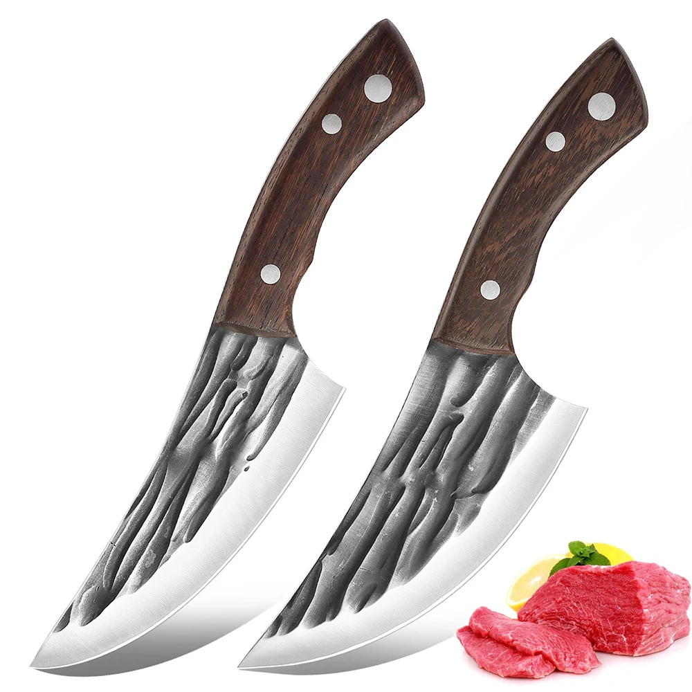 XITUO Handmade Butcher Knife, Hand Forged 5CR15 Carbon Steel Sharp, Quickly Cutting Meat and Peeling , Chicken Wing Wood Handle