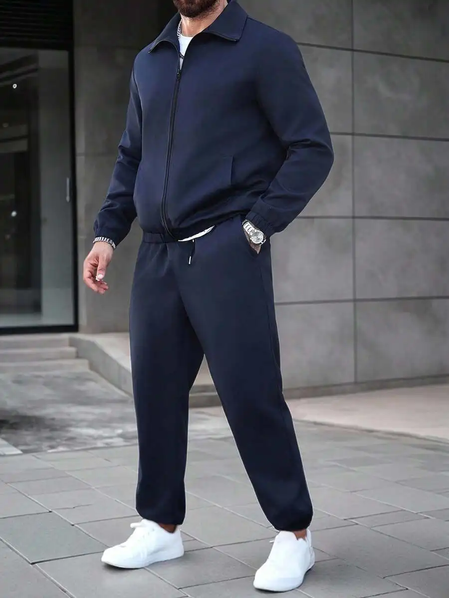 Blue Zip-Up Jacket And Elastic Waist Jogger Pants Set For Men Casual Daily Wear Autumn Spring