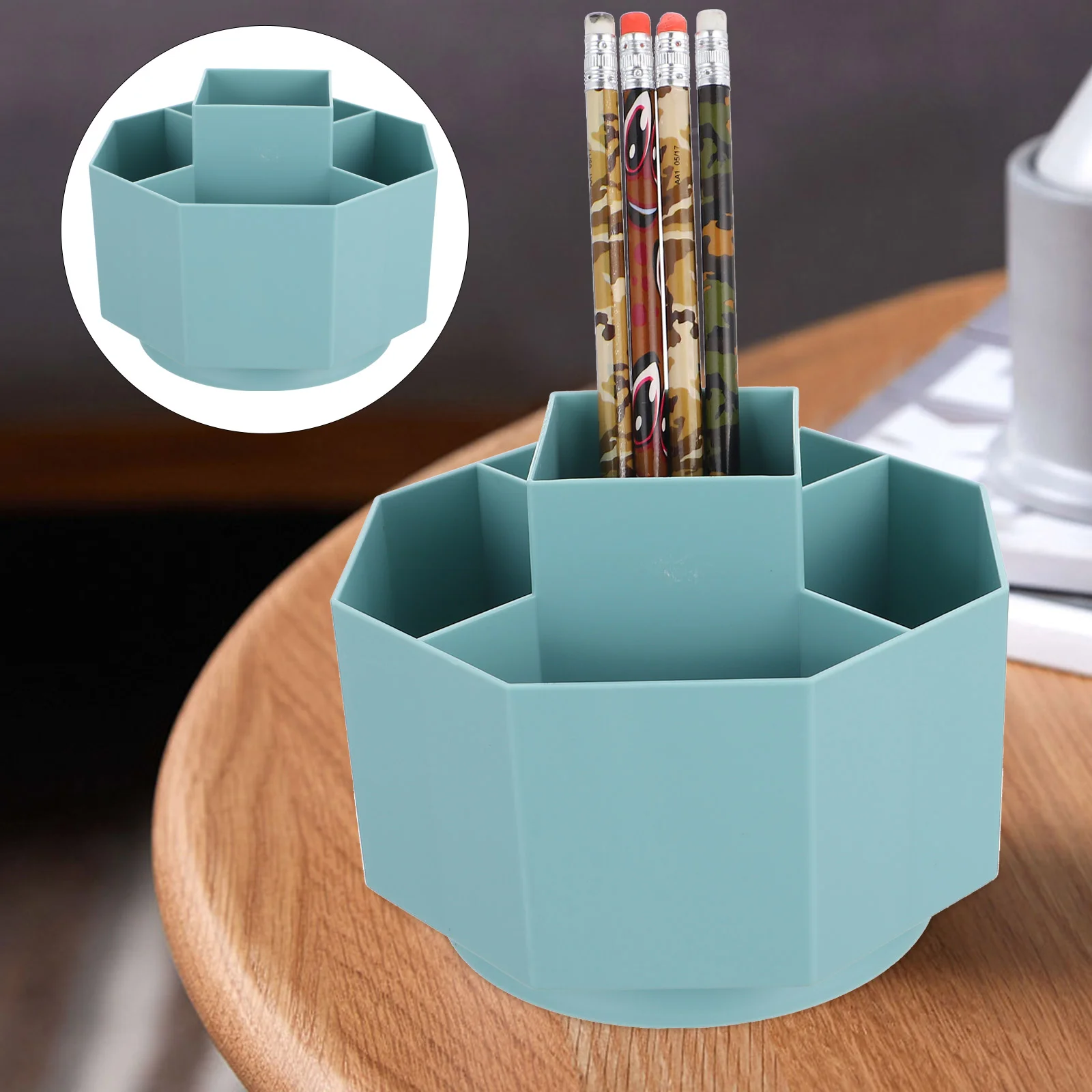 

Desk Organizer Pen Storage Box Container Rotating Blue Pencil Pots Holders Office