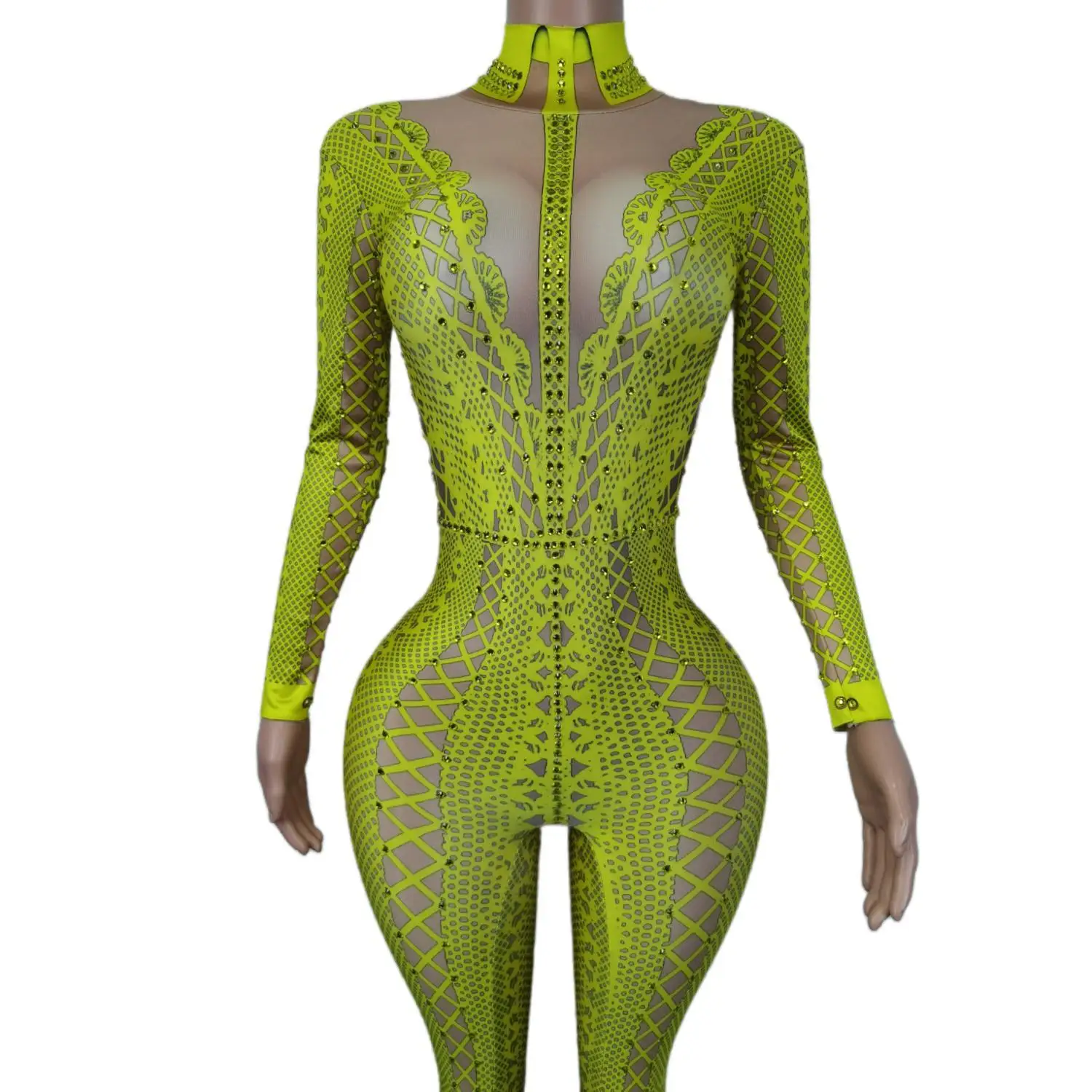 Woman Rhinestones Pattern Printing Tights Yellow Jumpsuit Turtleneck Long Sleeve Leotard Party Evening Costume Stage Wear Lianti