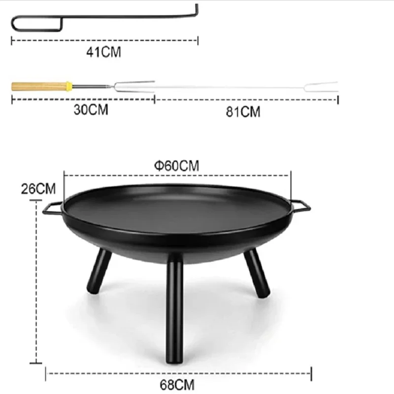 24-calowa miska ogniowa z szczypcami do grilla Kosz ognia do ogrodu Kemping Patios Taras Fire Pit z uchwytem Żeliwna noga, grill