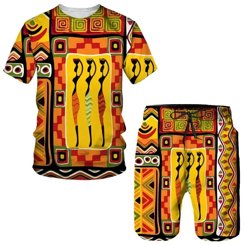 Men Women Sports Suit 3D African Print T-Shirt Shorts Short Sleeve Ethnic Style Fashion Hip Hop Streetwear Summer 2024