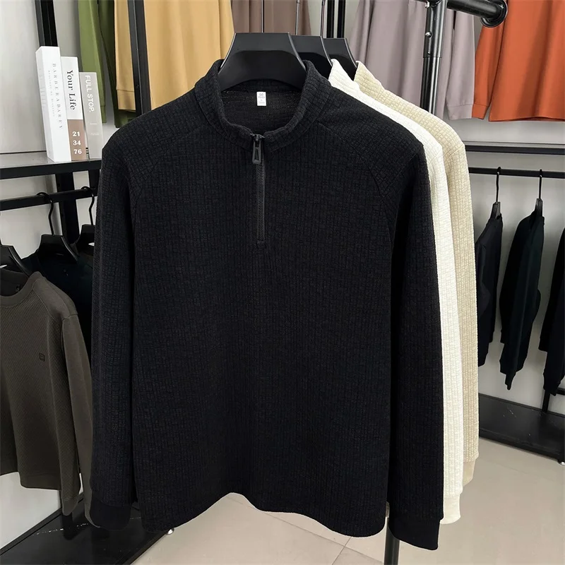 عالية الجودة نصف سستة الوقوف طوق البلوز الرجال الخريف جديد عصري الهراء تصميم الكورية فضفاضة عادية كم طويل تي شيرت #6