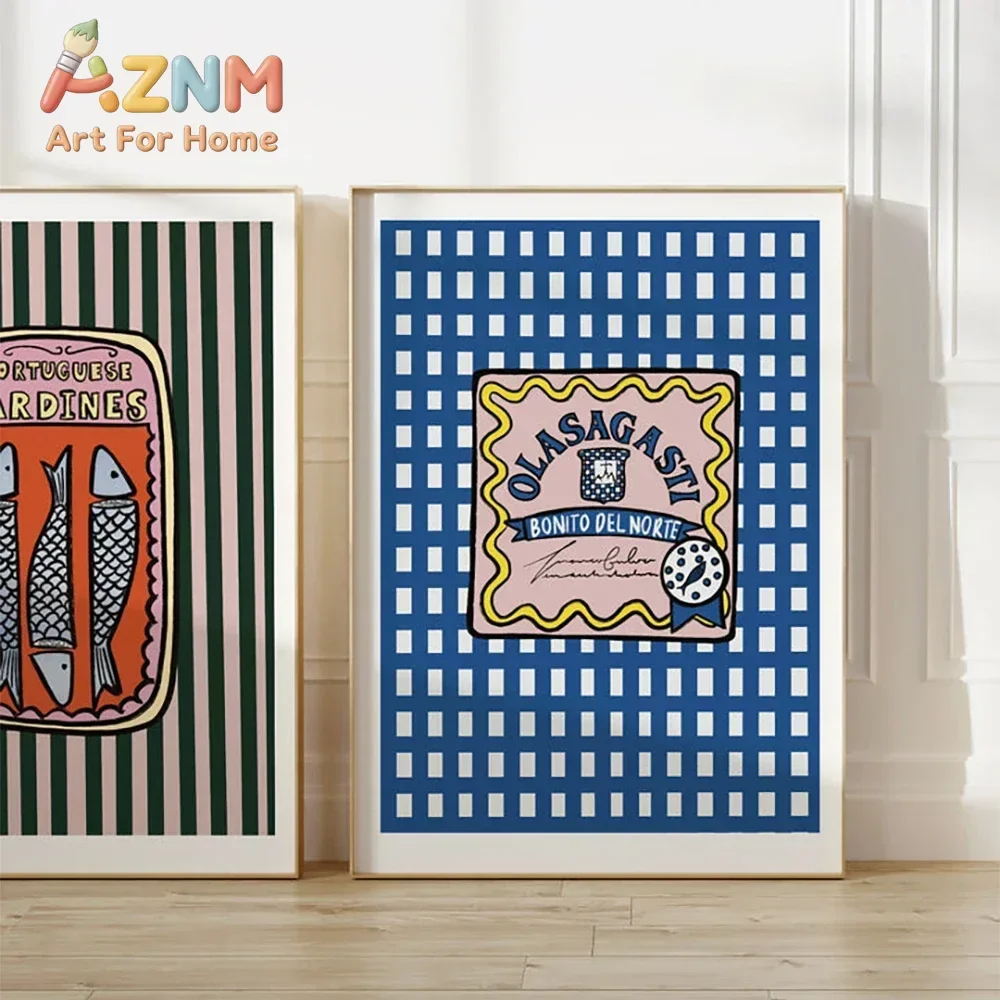 AZNM Sardine Tin Can Canvas Wall Art, Fun Seafood Label Graphic Print, Decor for Kitchen, Dining Room and Coastal Home