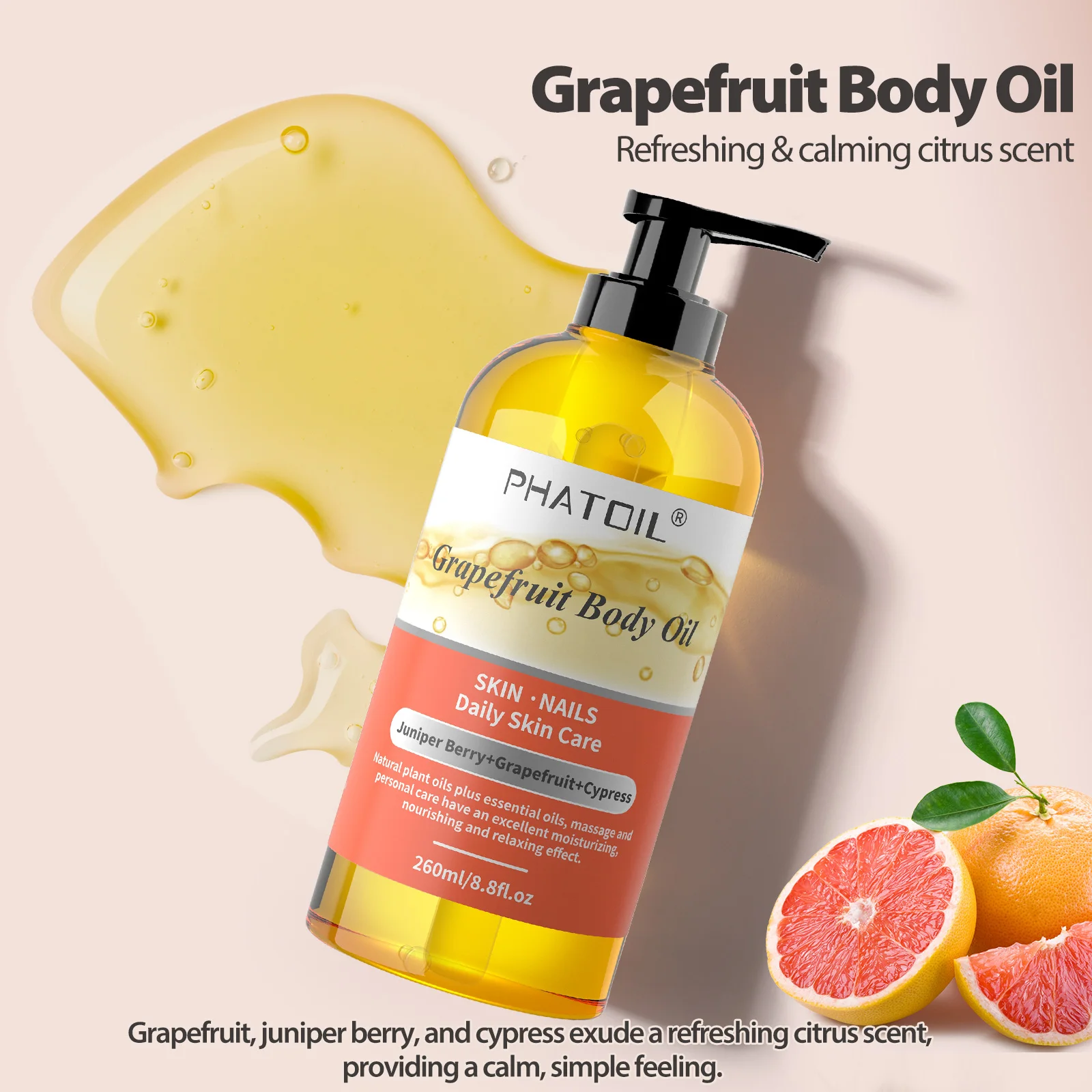 PHATOIL 260ML Grapefruit Body Oil For Moisturizing & Soothes Skin Massage Oil Suitable For All Skin Types Long-Lasting Fragrance