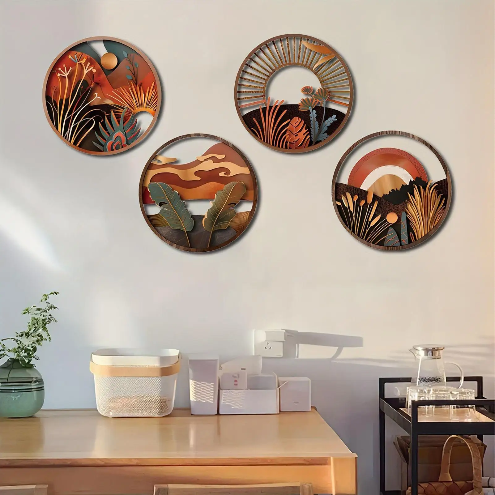 4-Piece Boho Wood Wall Sculpture, Farmhouse Style Decor for Living Room, Entryway, Dorm, Nursery, Apartment, Workplace