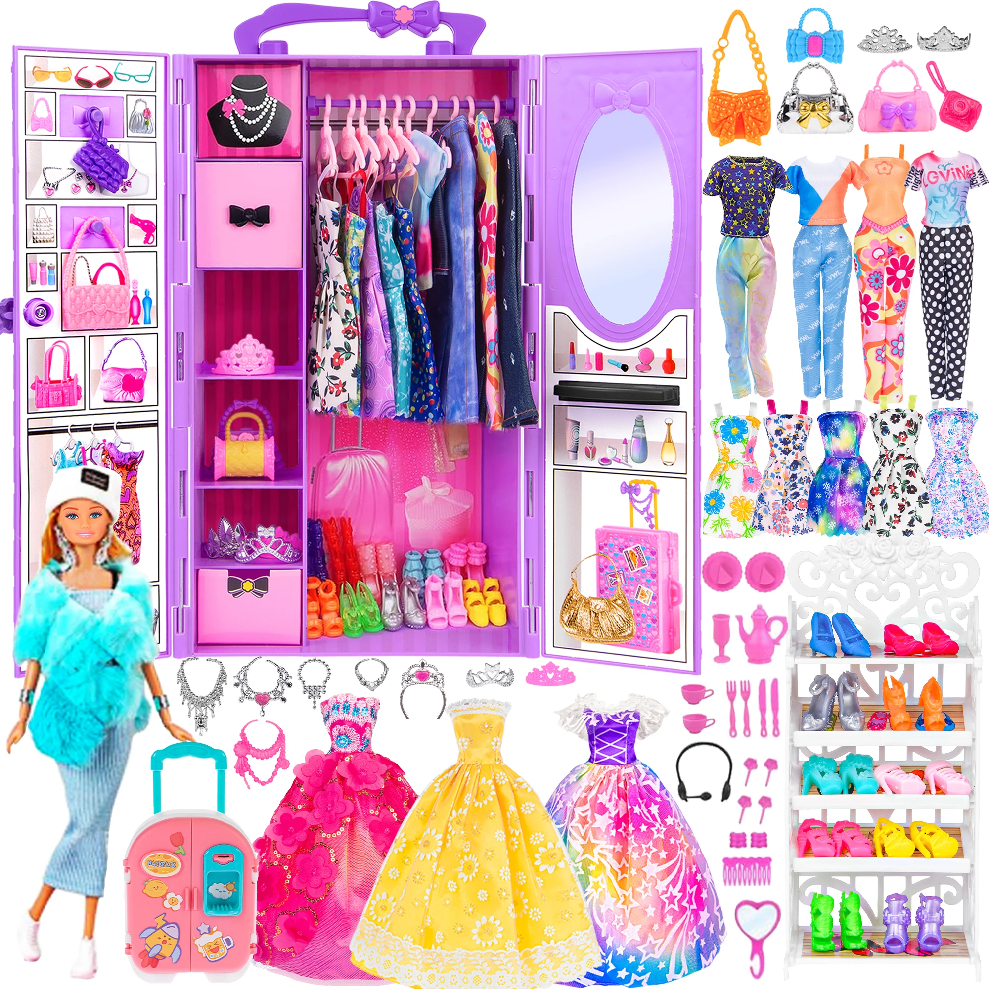 

106pcs 11.5 Inch Doll and Closet Include Wardrobe, Doll, Stylish Blue Set, Luggage, Shoe Rack, Wedding Gowns (One Doll)