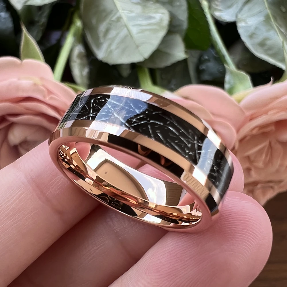 8mm Wholesale Meteorite Inlay Tungsten Ring Men Women Fashion Engagement Wedding Band Beveled Polished Shiny Jewelry – Detail 2