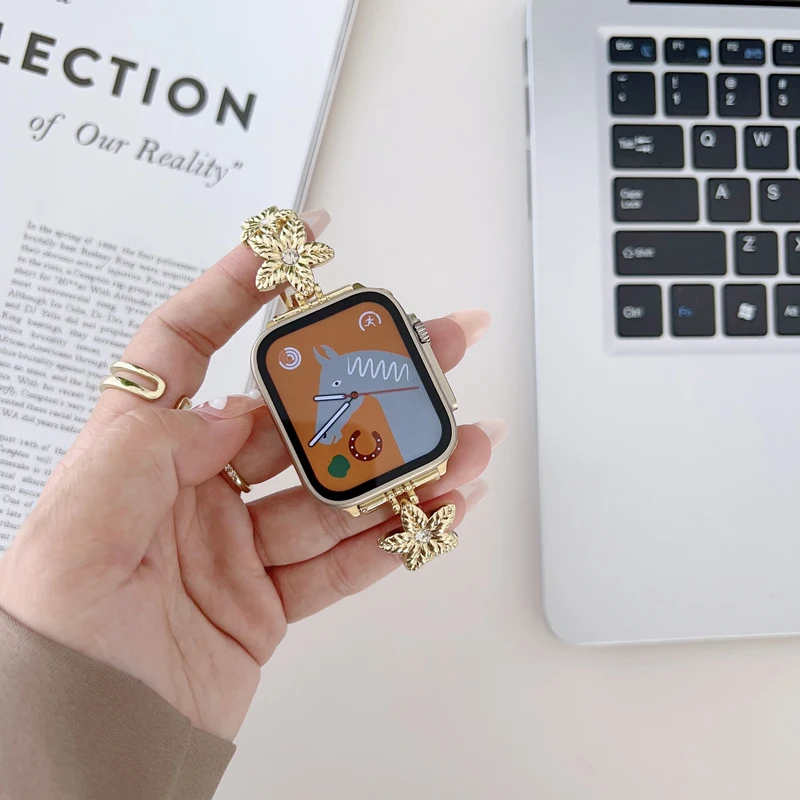 Flower Crystal Metal Strap for Apple Watch Bands 40mm 44mm 42 45 38 41 49 Women Bracelet for Iwatch Band serie 7 8 6 5 4 3 2 SE