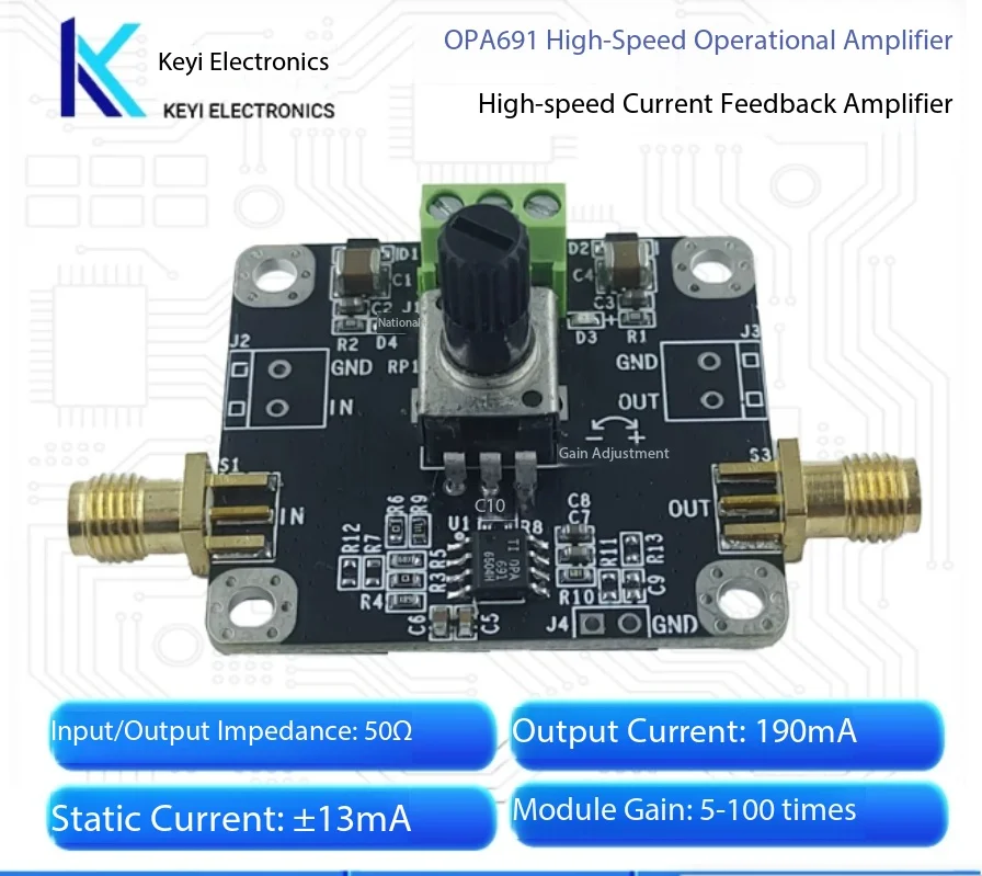 OPA691 Non-Inverting High-Speed Current-Feedback Amplifier Module, Gain Adjustable 5-100x High Performancerd