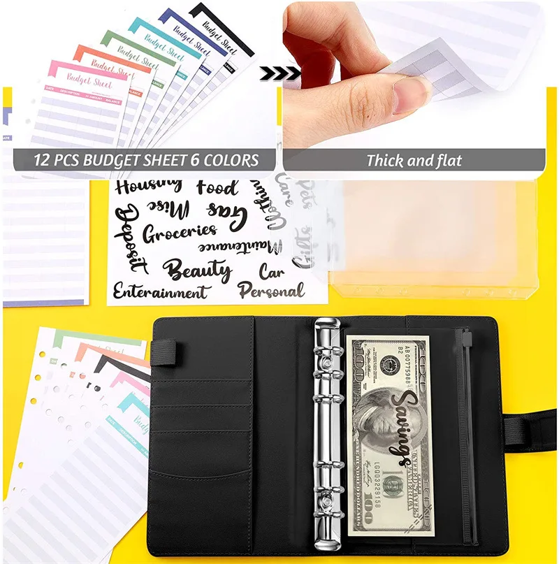 A6 PU Leather Notebook Binder Budget Planner Organizer 6 Ring Binder Cover 8 Binder Pockets And 12 Pieces Expense Budget Sheets