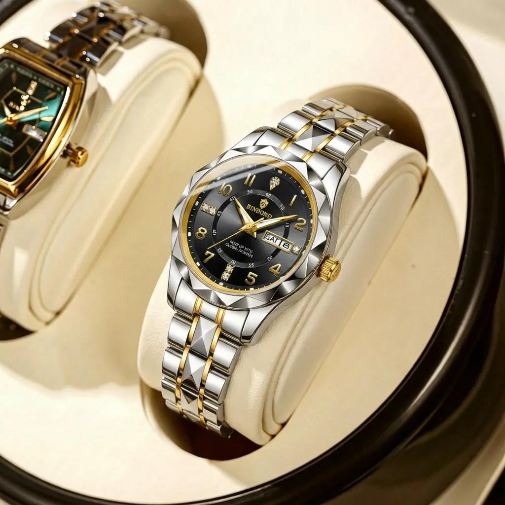 4pcs Women's Silver Gold Two-tone Stainless Steel Elegant Faceted Case Crystal Decorated Quartz Watch Gift Set for Daily Wear