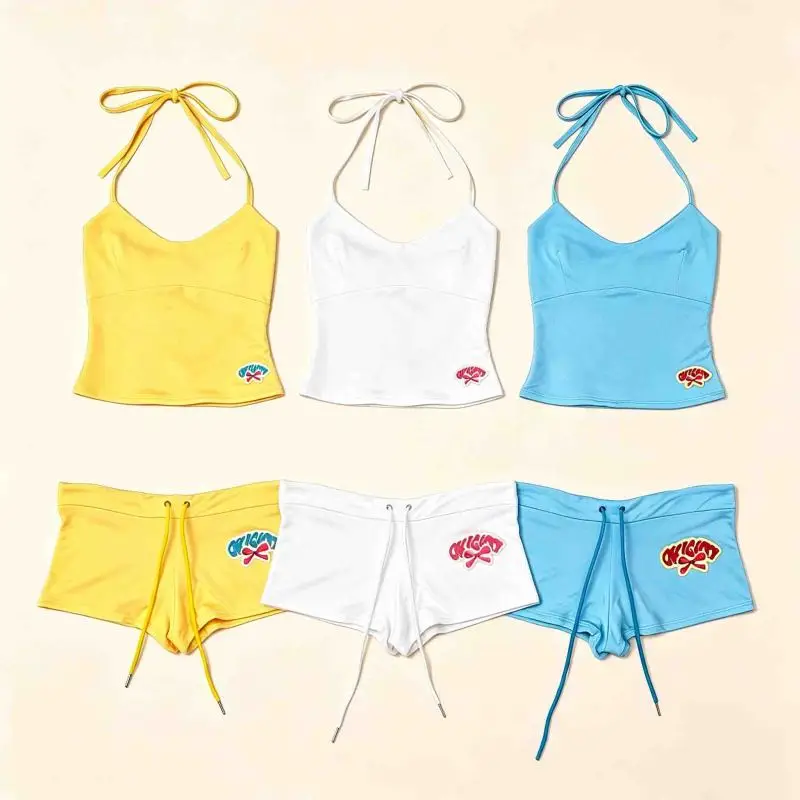 Solid color sexy hot girl hanging neck tie short suspender drawstring super shorts beach home two sets