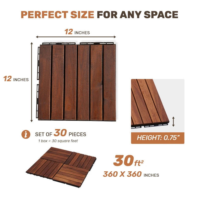 30 PCS Interlocking Deck Tiles Striped Pattern, 12