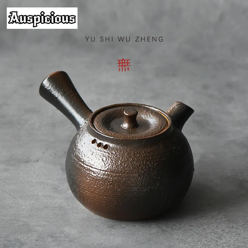 900ml Handcrafted Rough Pottery Water Kettle Heat-resistant Pot for Charcoal Burning Furnace Side Handle Pot for Tea Infusions