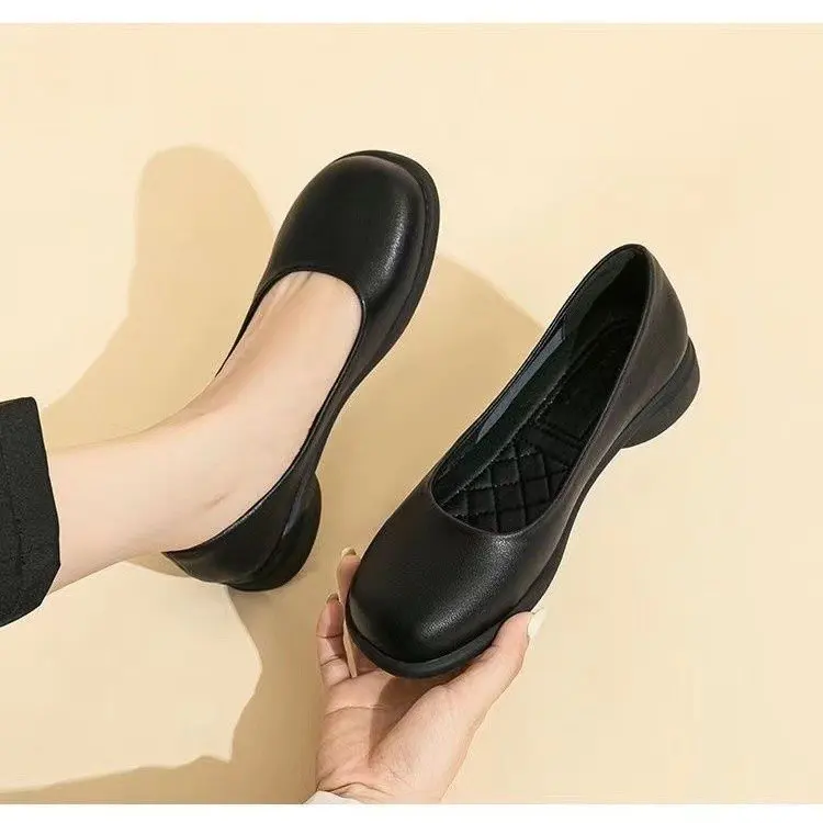 Comfortable Pure Black Flat Work Shoes round Toe Women's Flats Stand for Long Time Soft Bottom Interview Professional Office ...