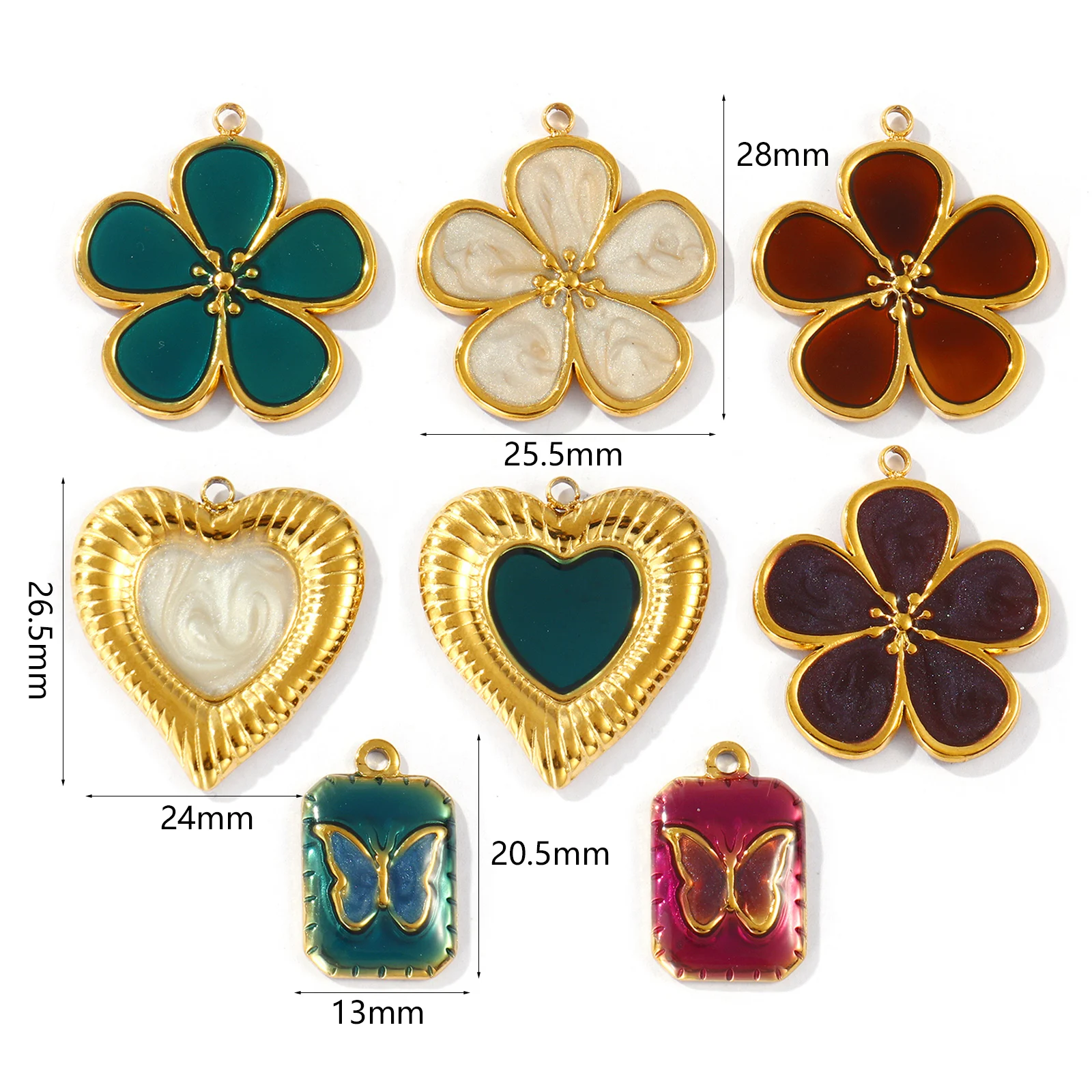 2 PCs Waterproof 304 Stainless Steel Charms 18K Gold Plated Enamel Flower Heart Butterfly Octagon Pendants DIY Necklace Making