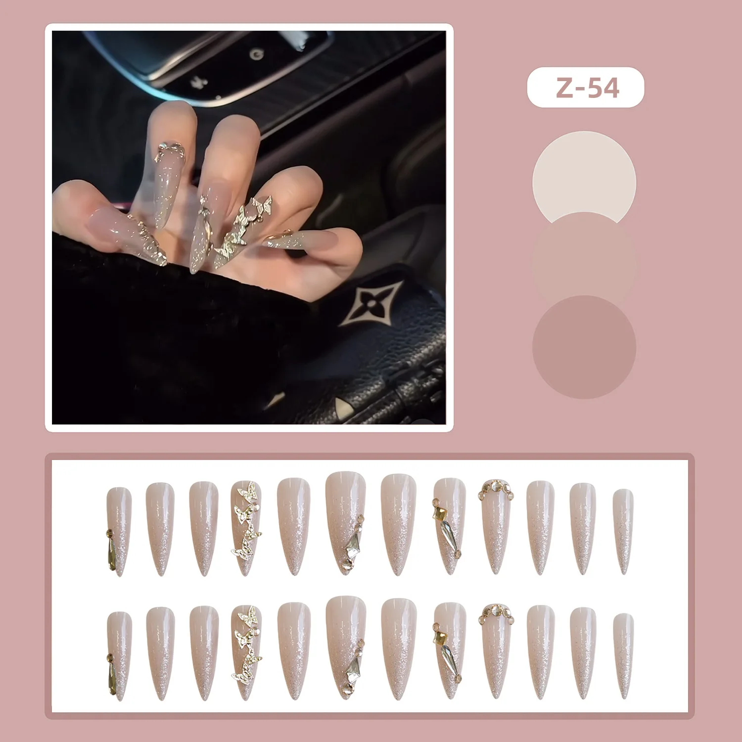 24pcs Sweet Pink Fake Nails Korean Bow False Nail Patch Full Cover Wearable Lady Women Shiny Rhinestone Decor Press on Nails