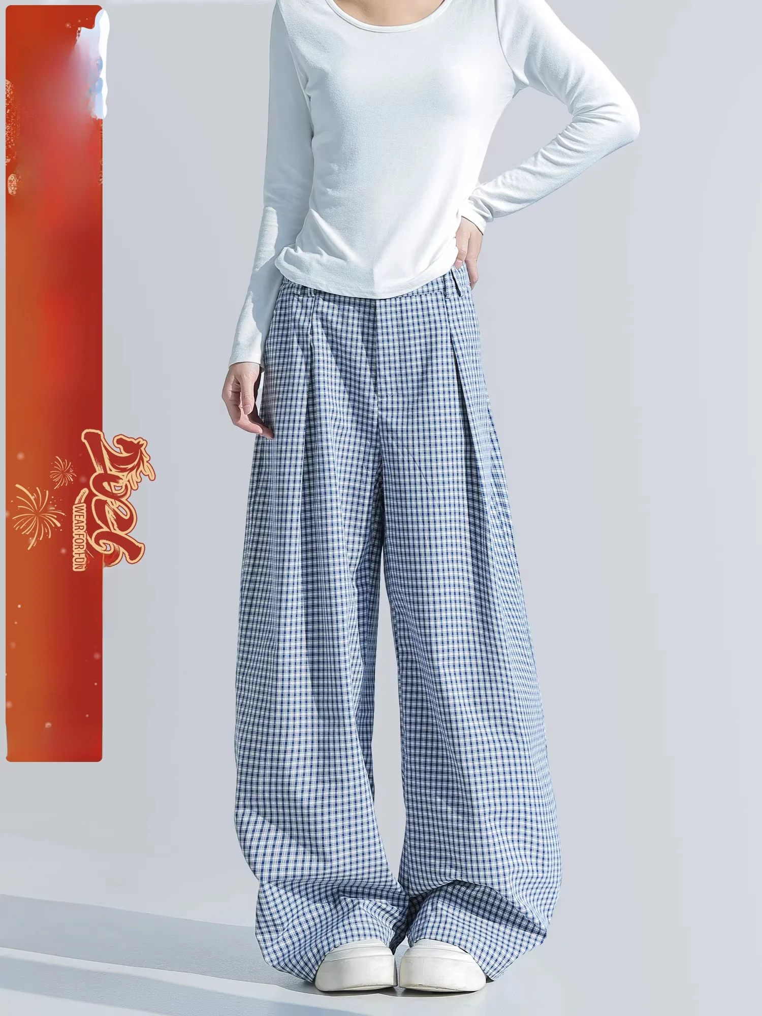 

High Waist Pleated Plaid Wide Leg Pants Women's Lazy Sle Casual Long Trousers Chant2nd Spring 2026 Cotton Straight Cut Pants
