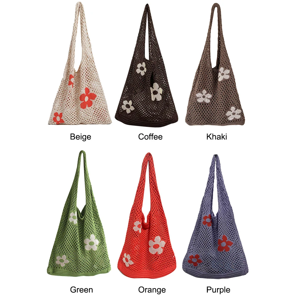 

Flower Print Kintted Sundries Storage Bag Large Capacity Stuff Holder Bag Lightweight Simple Shopping Bag for Vegetables Fruits