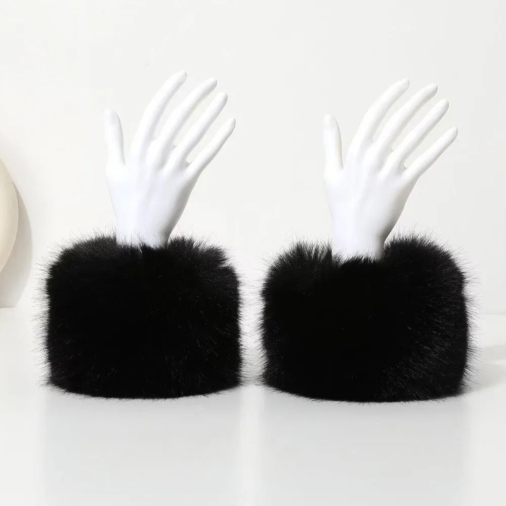 3Pcs/Set Simple Elastic Wide Fur Cuffs Hat Windproof Furry Headband Wristband Set Soft Empty Top Cap Plush Headwraps Adult 3