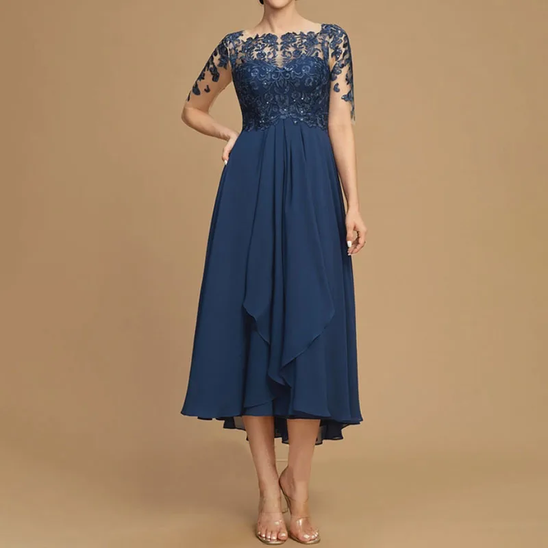 Long Elegant Mother of the Bride Dresses Sequins Boat-Neck Tea-Length A-Line Wedding Guest Party for Women 2023 Evening Gala New