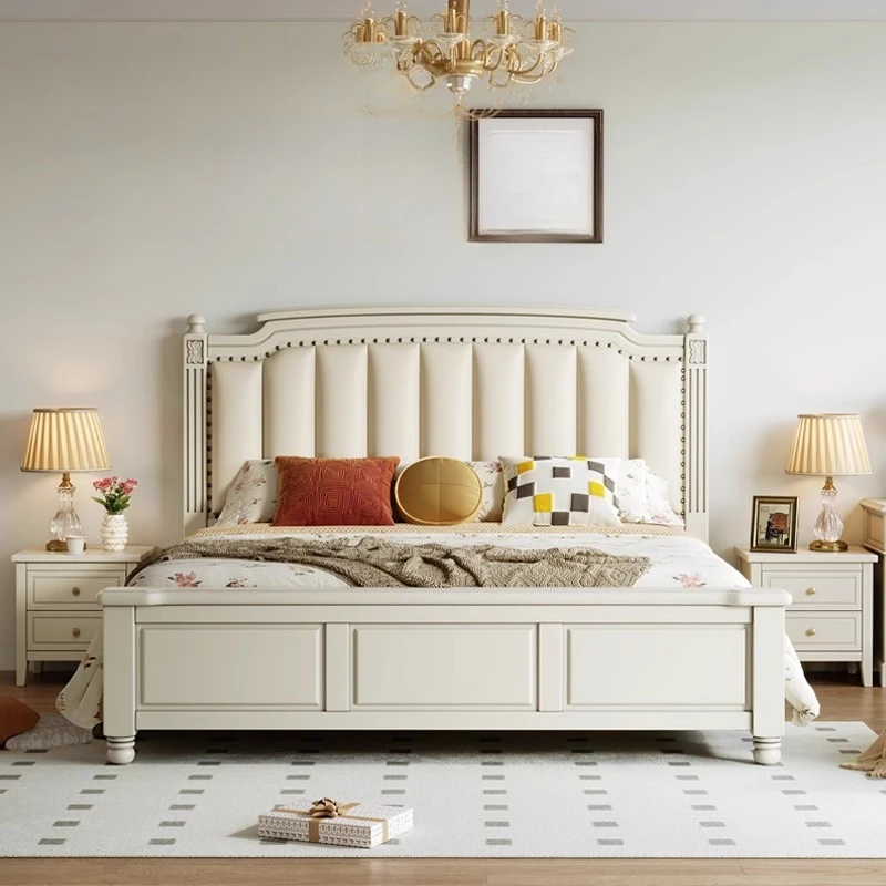 

Imported first-layer cowhide bed double bed full solid wood soft bag white master bedroom bed storage French
