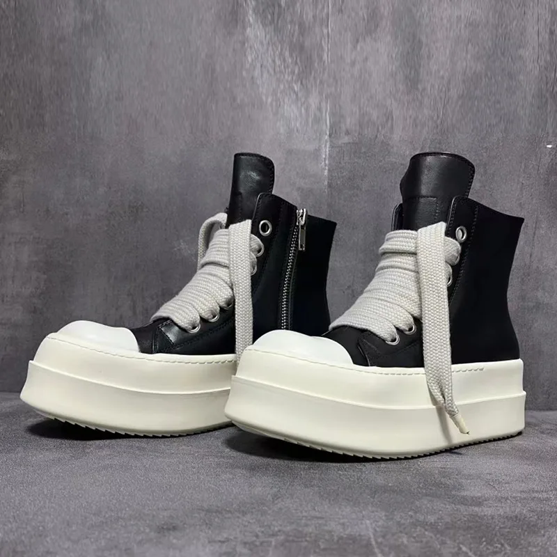 

High quality genuine leather high top women's shoes for couples height increasing thick soled casual men's shoes in large size