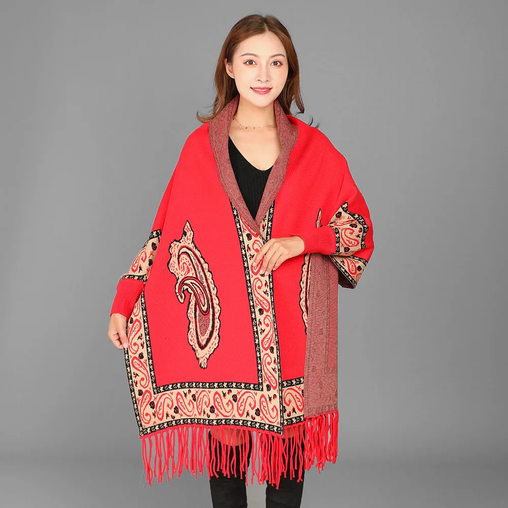 Women Ethic Style Cheongsam Shawl with Sleeve Cashmere Blend Pashmina Female Print Cashew Flower Ponchos Bufanda and Wraps